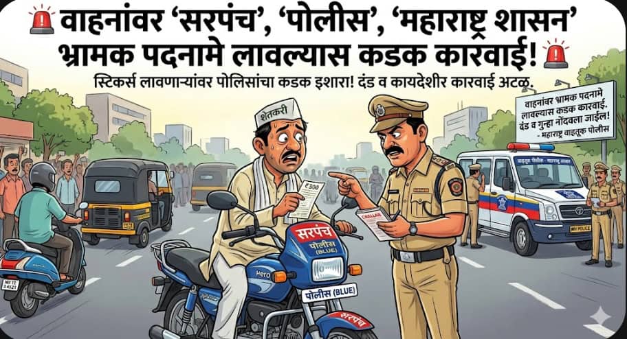  “सरपंच”, “पोलीस”, “महाराष्ट्र शासन” लिहिणाऱ्यांवर कारवाई; वाहनांवरील भ्रामक पदनामांवर पोलिसांचा कडक इशारा 